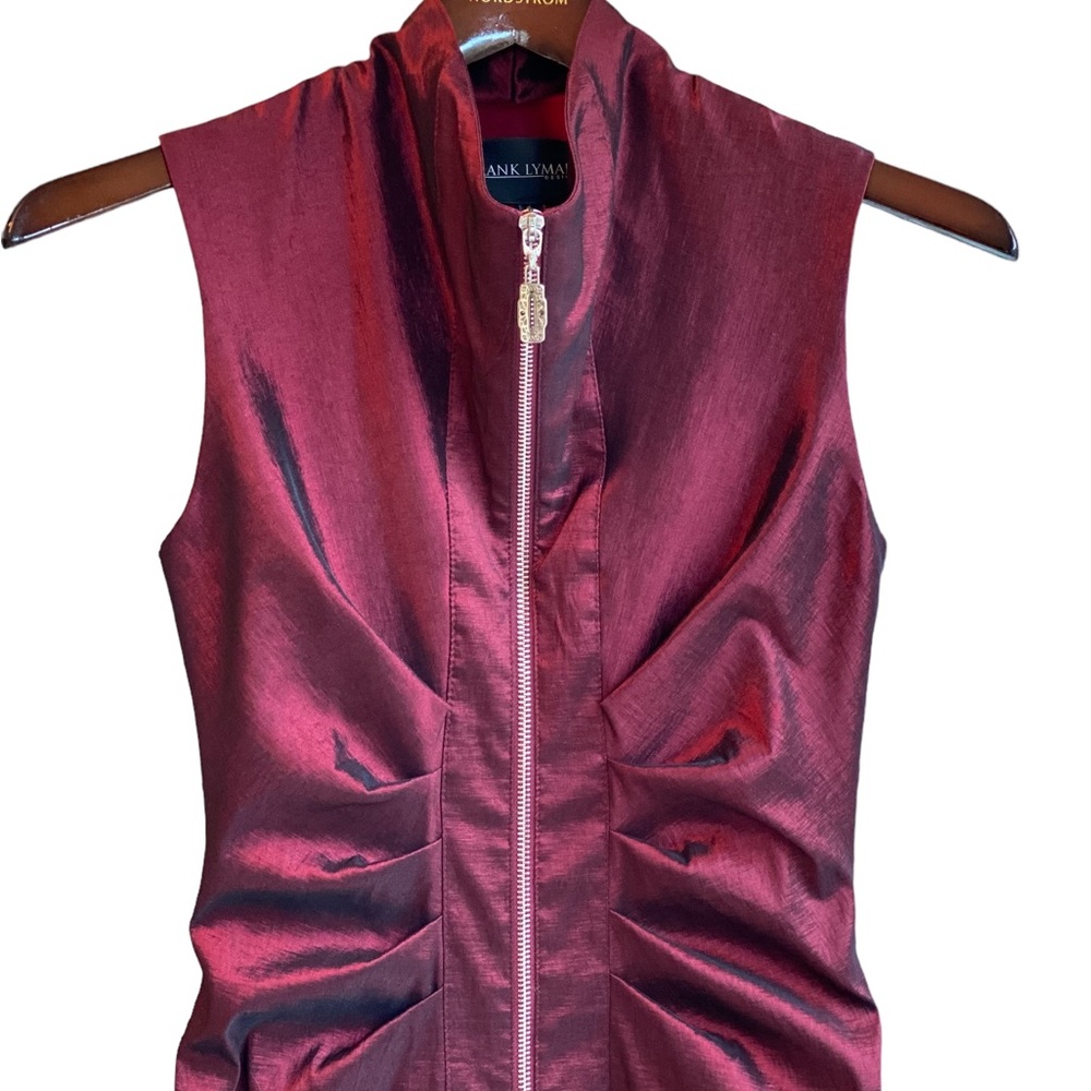 Frank Lyman Taffeta Zip-Front Dress, Burgundy, size 0 - Picture 2 of 16